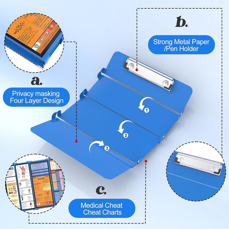 NECEG Nursing Clipboard Foldable-4 Layers Aluminum Nurse Foldable Clipboard Nursing Medical Edition Cheat Sheets, Pocket Size Pen Clip for Nurses Students School and Doctors- Blue - Image 4